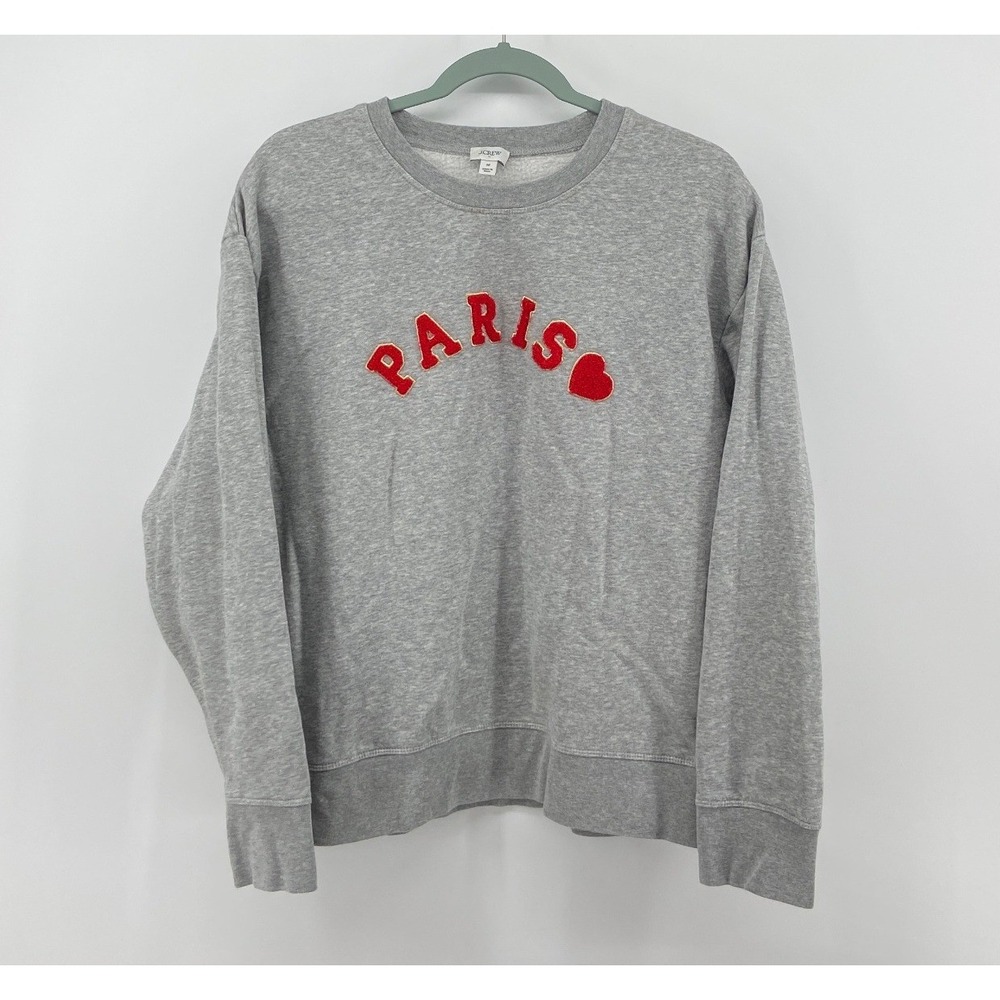 Chic J.Crew Paris Heart Embroidered Timeless Sweatshirt Heather Grey Red CL513